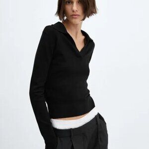 Mango Ribbed Long Sleeve Polo Top